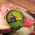 Retro bronze quartz watch with green billiard pool theme dial and pink denim strap - Pink