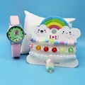 Pink cartoon quartz watch with colorful beaded bracelets and strawberry dial on display card - Pink Strawberry