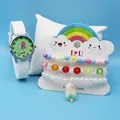 Detail view of kids quartz watch with strawberry dial and colorful beaded bracelets set - White Strawberry