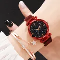 Close-up of red starry watch with magnetic mesh band and matching star charm bracelet - Red Watch + Bracelet