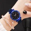 Starry sky dial watch with magnetic mesh band and matching sparkling star bracelet - Blue Watch And Bracelet