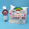 Close-up detail of a children's cartoon silicone watch with a rainbow bead bracelet set - White Panda