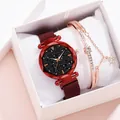 Women's starry sky watch set with burgundy magnetic band and star bracelet in a gift box - Red Watch And Bracelet And Box