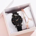 Detail of starry sky watch with magnetic band and matching star bracelet in gift box - Black Watch Bracelet Gift Box Set