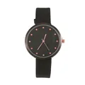 Minimalist black quartz watch with rose gold indices and heart pattern dial detail - Belt / Leather Strap Black Dial
