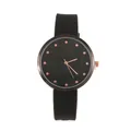 Chic black women's watch featuring a subtle heart dial pattern and rose gold accents - Plastic Mesh Strap / Black Dial Mesh Strap