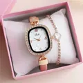 Pink leather watch with marble rhinestones and a matching heart charm bracelet in a box - Watch Bracelet Gift Box / Pink