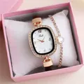 Rose gold quartz watch and heart rhinestone bracelet set in a pink gift box - Watch Bracelet Gift Box / Brown