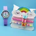 Purple silicone kids watch set with colorful flower dial and three beaded butterfly bracelets - Style 1 (1) / Purple Flower