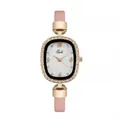 Close-up of pink leather watch with rose gold diamond bezel and marble dial detail - Watch / Pink
