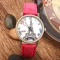 Retro quartz watch with Eiffel Tower dial, Roman numerals and magenta denim strap - Red