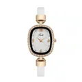 Detail of elegant ladies' oval watch with rhinestone bezel and marble-textured dial - Watch / White