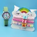 Kids quartz watch with pastel butterfly beaded bracelets set on soft display pillow - Style 1 (1) / Green Flower