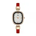 Elegant gold oval watch with rhinestone bezel and red leather strap on white background - Watch / Red
