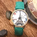 Vintage Eiffel Tower quartz watch with green fabric strap and Roman numeral dial - Green