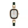 Detail of rose gold watch with marble dial, rhinestone bezel, and dark green leather strap - Watch / Green