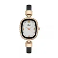 Detail of rose gold rhinestone bezel watch with marble dial and black leather strap - Watch / Black