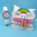 Kids silicone quartz watch and three beaded bracelets with butterfly charms set - Style 1 (1) / White Flower