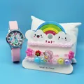 Pink silicone children watch and colorful mermaid bead bracelet set on a white cushion - Pink Mermaid