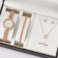 Luxury rose gold 5-piece watch and jewelry set with crystal embellishments in gift box - Watch Necklace Earrings Ring Bracelet And Gift Box / Rose Gold