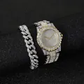 Luxury gold and silver stainless steel watch set with iced out cuban link bracelet - Two-Tone Gold / With Cuban Link Bracelet