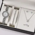 Luxury 5-piece women's silver jewelry set with quartz watch and crystal accessories - Watch Necklace Earrings Ring Bracelet And Gift Box / Silver