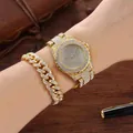 Luxury gold-toned iced-out watch and diamond Cuban bracelet set for women stylish jewelry - Gold + Bracelet