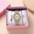 Coffret montre femme ovale dorée avec strass et bracelets assortis cœur et papillon - Or + Bracelet + Boîte