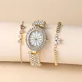 Coffret montre dorée ovale avec diamants et bracelets assortis cœur et papillon - Or + Bracelet
