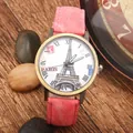 Orologio al quarzo retrò con quadrante Torre Eiffel e cinturino in denim rosa e numeri romani - Rosa