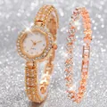 Luxury gold women's quartz watch and rhinestone heart bracelet jewelry set - Watch And Bracelets / Rose Gold