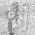 Luxury silver watch and heart bracelet set adorned with sparkling crystals for women - Watch And Bracelets / Silver
