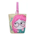 Cream canvas bucket bag featuring a cute pink-haired cartoon girl illustration - Purple