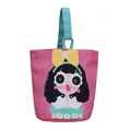 Pink canvas bucket bag with cute cartoon girl illustration and blue handles - Pink