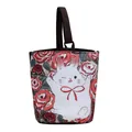 Cute canvas bucket bag with red rose pattern and white rabbit illustration for daily use - Brown