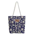 Borsa tote in tela blu navy con stampe di lettere e manici in corda bianca - Alfabeto Blu