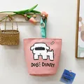 Pink canvas bucket bag with cute dog illustration and mint green handles - Pink/Blue Dog (Magnetic)
