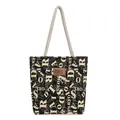 Borsa tote minimalista in tela bianca e nera con manici in corda di cotone intrecciata - Motivo a Lettere Nero