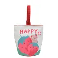 Cartoon canvas bucket bag with cute bear strawberry print and red handle on white background - Strawberry Lucky (Magnetic)