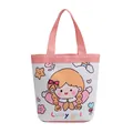 Cute white and pink canvas bucket bag with lucky girl cartoon illustration print - Pink Lucky Girl