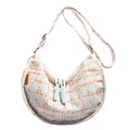 Light blue and orange checkered corduroy crescent bag with adjustable shoulder strap - Without Pendant / Blue
