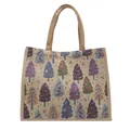 Borsa tote in lino con motivo ad albero di Natale colorato e manici intrecciati su bianco - Cachi