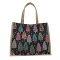 Borsa in lino nero con motivi natalizi colorati e manici in corda intrecciata - Nero