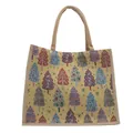 Borsa in lino con motivi colorati di alberi di Natale e manici in cotone - Giallo