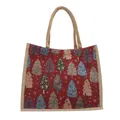 Red linen tote bag with colorful Christmas tree prints and brown canvas handles - Red
