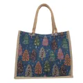 Linen tote bag featuring dark blue background and colorful Christmas tree prints - Blue