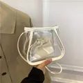 Secchiello trasparente in PVC con bordi bianchi e pochette interna in tela a fantasia - Bianco