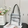 Clear PVC shoulder tote bag with front zipper pocket and fashion webbing handles - White