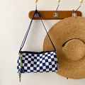 Blue and white checkered canvas crossbody bag with green rope charm on wooden hook - No Pendant / Blue