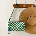 Green and white checkerboard cylindrical canvas crossbody bag with adjustable strap - No Pendant / Green